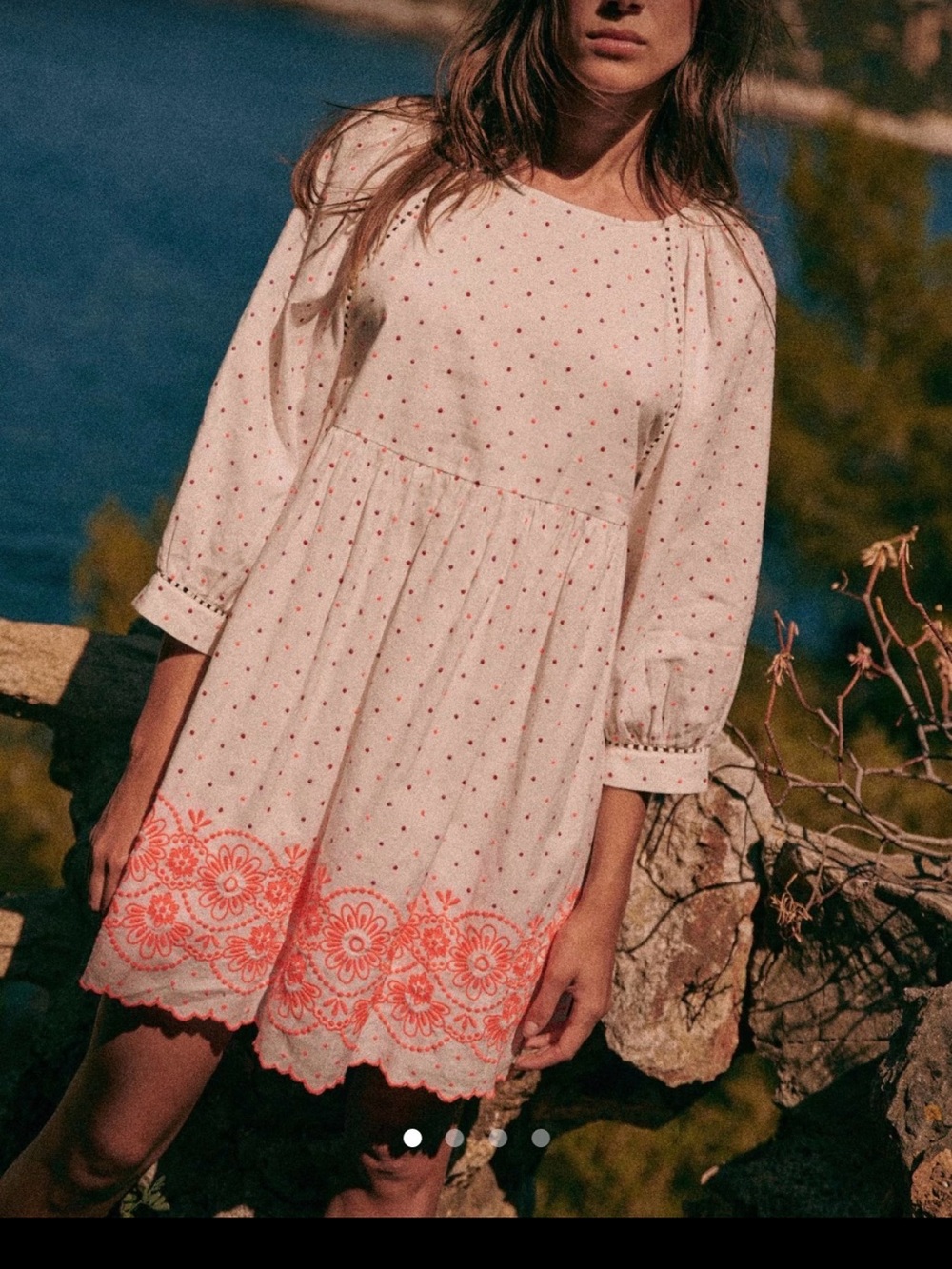 Sezane White Mini Dress with Coral Embroidery